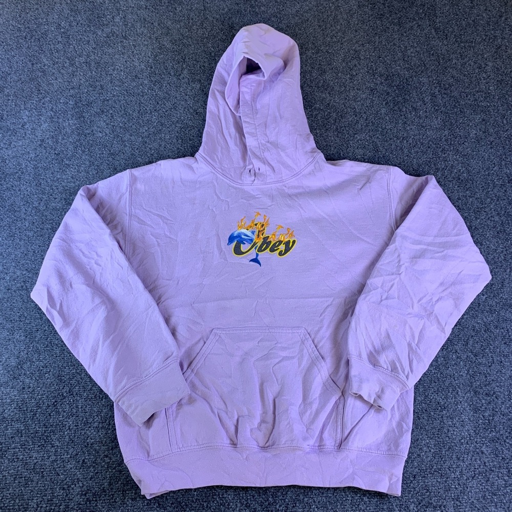 Obey Worldwide Hoodie Womens Small Pink Dolphin Fire Flame Graphic Fleece Lined